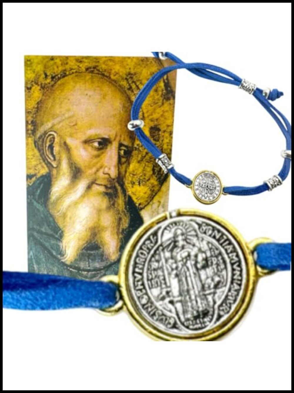 St. Benedict Adjustable Blue Cord Bracelet with Holy Prayer Card